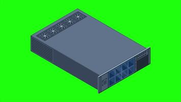 Isometric server animation. Server racks. Server boxes isolated. Network server room. Computer network technology. 4K animated in isometric style video