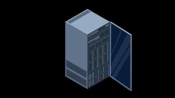 Isometric server animation. Server racks. Server boxes isolated. Network server room. Computer network technology. Transparent background with alpha channel video
