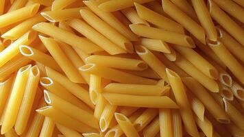 Uncooked Penne Rigate Pasta. A Culinary Canvas of Penne Macaroni, Creating a Lively and Textured Background for Gourmet Cooking - Top View, Rotating. Turning Dry Pasta. Raw Macaroni - Rotation video