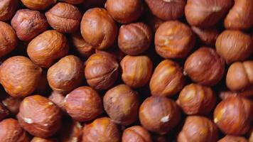 Scattered Peeled Hazelnuts - Top View,Rotating. Turning Hazelnut Background. Natural High-Calorie Snacks - Angular Rotation video