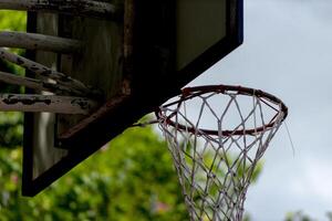 A basketball hoop with a net hanging from it photo