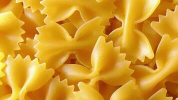 Uncooked Farfalle Pasta. A Culinary Canvas of Bow-Tie Macaroni, Creating a Lively and Textured Background for Gourmet Cooking - Top View, Rotating. Turning Dry Pasta. Raw Macaroni - Rotation video