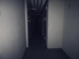 A dark hallway with a light coming from the end photo