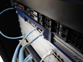 A close up of a network server with multiple cables photo