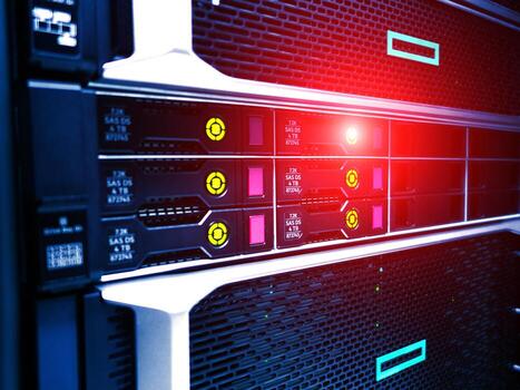 A server rack with red lights on it photo