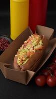Hotdog with grilled sausage with cabbage, carrots and onions in a bun with salt, spices and herbs video