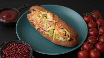 Hotdog with grilled sausage with cabbage, carrots and onions in a bun with salt, spices and herbs video