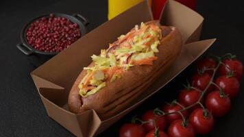 Hotdog with grilled sausage with cabbage, carrots and onions in a bun with salt, spices and herbs video