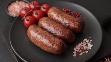 Juicy sausages with salt, spices and herbs grilled on a dark concrete background video