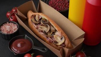 Hotdog with grilled sausage with bacon and mushrooms in a bun with salt, spices and herbs video
