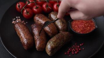 Juicy sausages with salt, spices and herbs grilled on a dark concrete background video