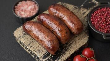 Juicy sausages with salt, spices and herbs grilled on a dark concrete background video