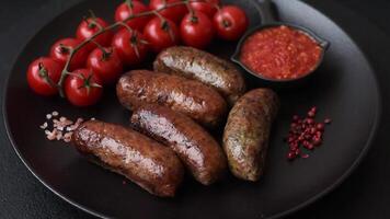 Juicy sausages with salt, spices and herbs grilled on a dark concrete background video