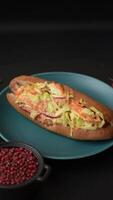 Hotdog with grilled sausage with cabbage, carrots and onions in a bun with salt, spices and herbs video
