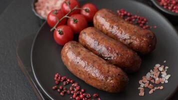 Juicy sausages with salt, spices and herbs grilled on a dark concrete background video