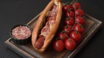 Hotdog with grilled sausage with bacon and mushrooms in a bun with salt, spices and herbs video