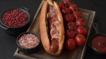 Hotdog with grilled sausage with bacon and mushrooms in a bun with salt, spices and herbs video