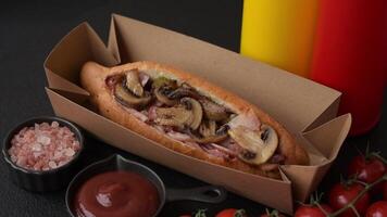 Hotdog with grilled sausage with bacon and mushrooms in a bun with salt, spices and herbs video