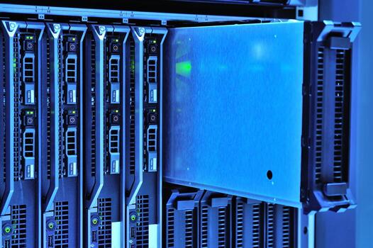A close up of a server rack with many different types of servers photo