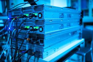 A stack of servers with wires and cables photo