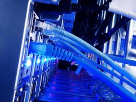 A close up of a network server with blue cables photo