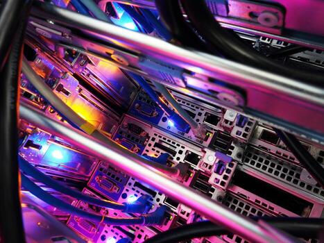 A close up of a computer with many wires photo