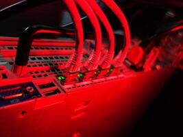 A close up of a computer with red lights photo