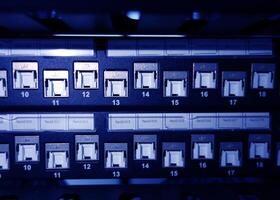 A close up of a computer with many switches photo
