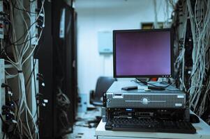 A computer monitor sitting on top of a desk photo