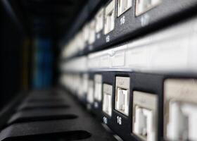 A close up of a rack of servers photo