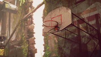 An old basketball hoop surrounded by nature in an abandoned urban setting video