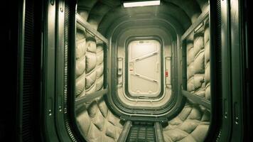Exploring a modern space station interior with padded walls and secure door video
