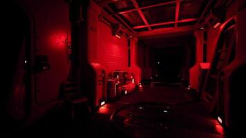 Exploring the dimly lit interior of a space station with red lighting video