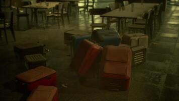 Abandoned airport terminal with scattered luggage and empty tables at dusk video