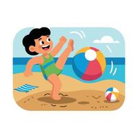 A cartoon boy kicking a ball on the beach vector