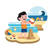 A boy playing with a ball on the beach vector