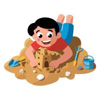 A boy is playing in the sand with a castle vector