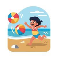A girl playing with beach balls on the beach vector