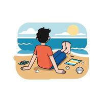 A man sitting on the beach with a shell and a seashell vector