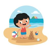 A cartoon boy playing with sand at the beach vector
