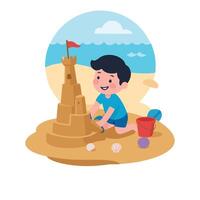 A boy is building a sand castle on the beach vector