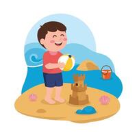 A boy playing with a sand castle on the beach vector
