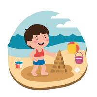 A boy playing with sand at the beach vector