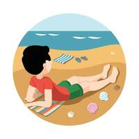 A boy lying on the beach with a towel and a shell vector