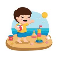 A boy playing with a beach ball on the beach vector