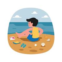 A boy sitting on the beach with a book and a beach towel vector
