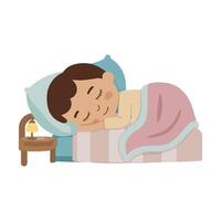 A little boy sleeping in bed with a lamp vector