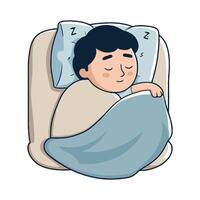 A cartoon boy sleeping in bed with a pillow vector