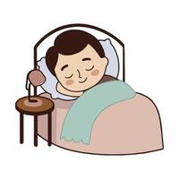 A cartoon man sleeping in bed with a lamp vector