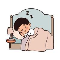 A boy sleeping in bed with a lamp and a pillow vector